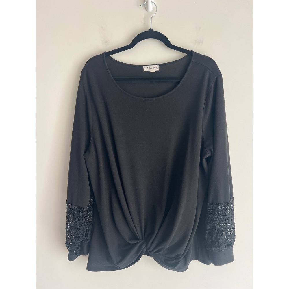 Blue Mood Black Twist Front Top Crochet Lace Sleeve Plus Size 2X Scoop Neck